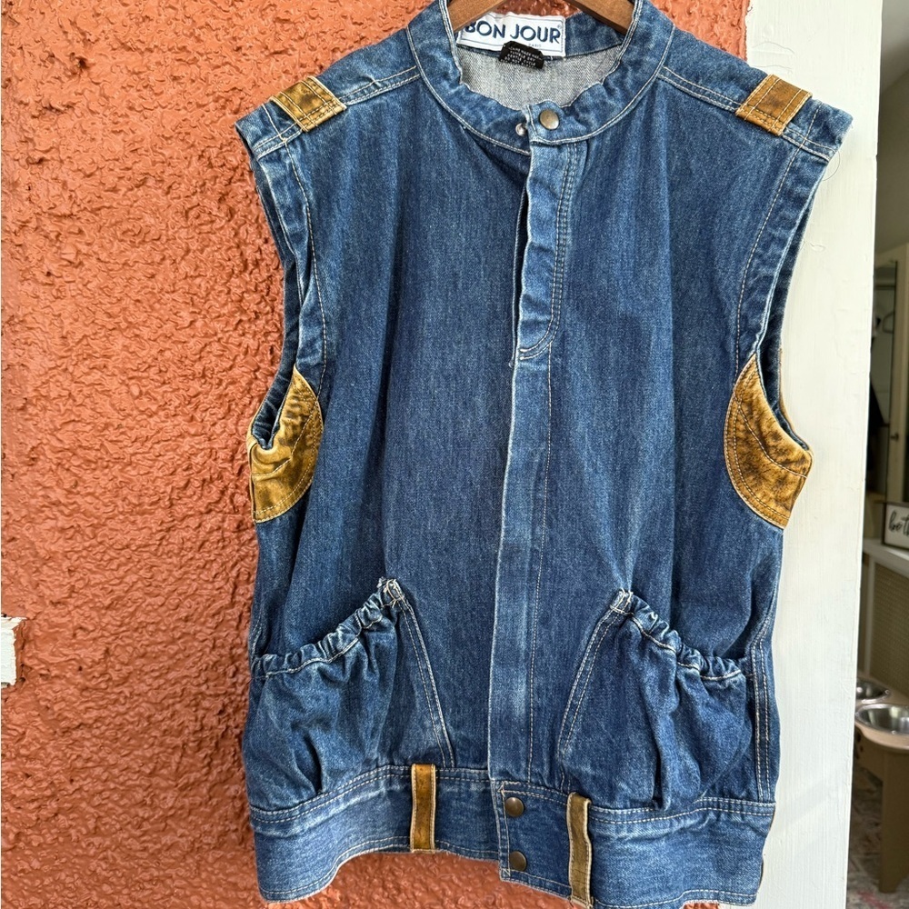 VTG 90s Bonjour Blue Denim Vest Leather Accents Womens Unsized Western Cowgirl